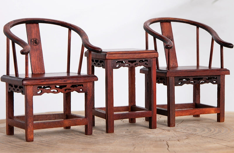 1/6 Scale Chinese Antique Taishi Chair Set 2 Chairs & 1 Side Table| Chinoiserie Style Dollhouse Furniture for BJD & Blythe | Vintage & Elegant Atmosphere