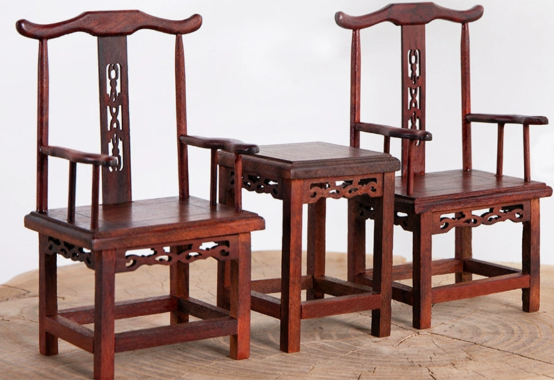 1/6 Scale Chinese Antique Taishi Chair Set 2 Chairs & 1 Side Table| Chinoiserie Style Dollhouse Furniture for BJD & Blythe | Vintage & Elegant Atmosphere