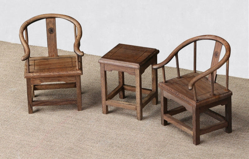 1/6 Scale Chinese Antique Taishi Chair Set 2 Chairs & 1 Side Table| Chinoiserie Style Dollhouse Furniture for BJD & Blythe | Vintage & Elegant Atmosphere