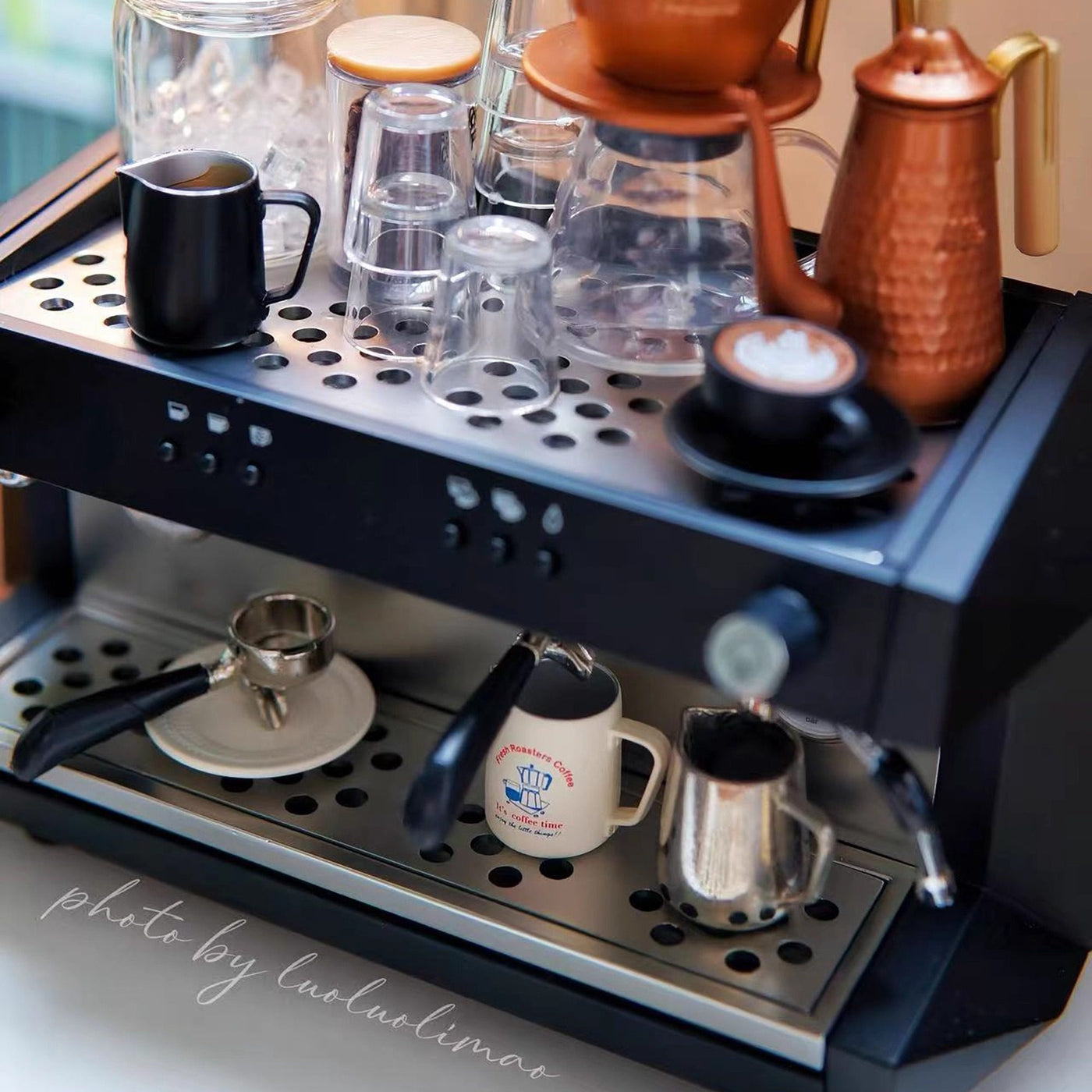 1/6 scale vintage steam coffee machine miniature for doll café scenes and photography.
