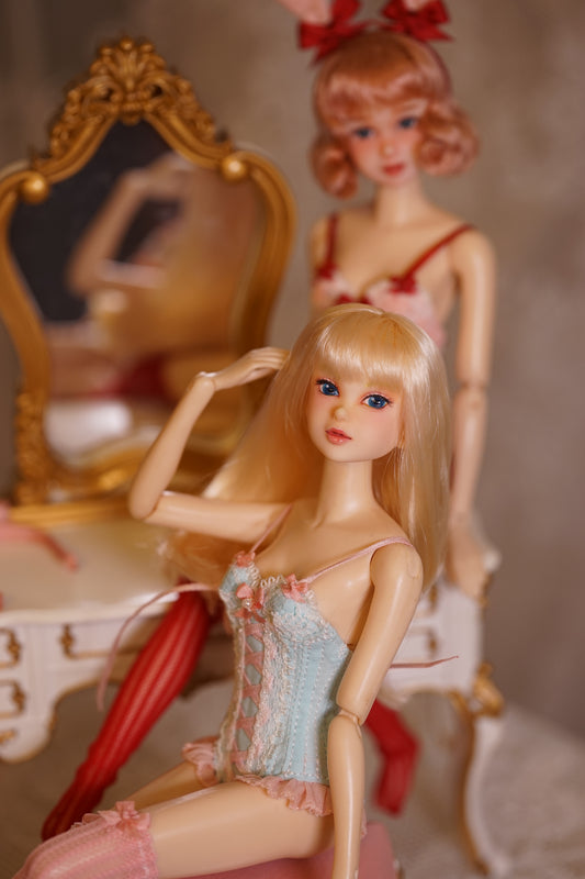 One-piece Corset Bodysuit & Stockings Set for Blythe, Obitsu24, Azone, Momoko, Obitsu22 Dolls – Multiple Sizes | Red & Pink-Blue | Optional Bunny Ears