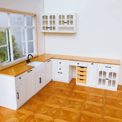 1/6 Scale Dollhouse Kitchen Furniture Set  9-Piece Modular Cabinets in White  | BJD & Blythe Miniature Kitchen full set