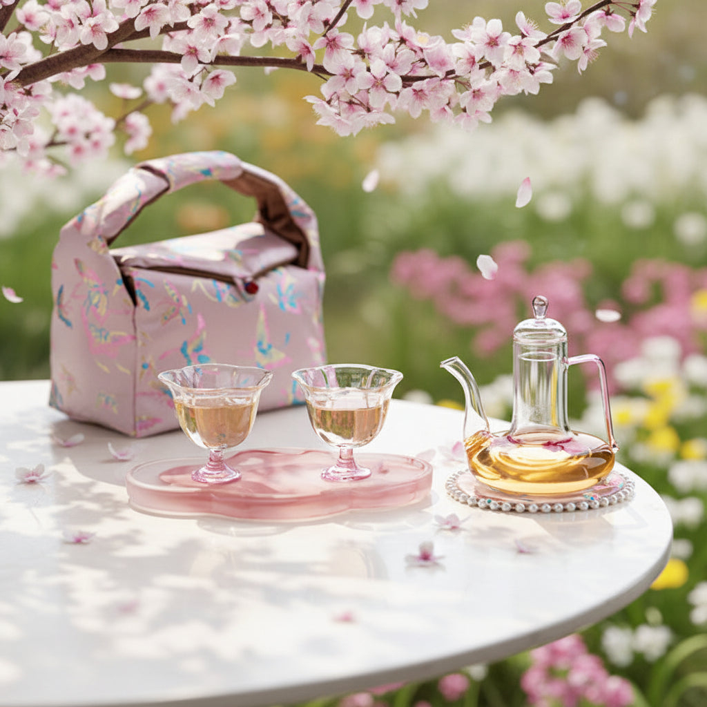 花見に｜耐熱ガラス 貴妃壺＋茶杯　携帯茶器セット バッグ付き