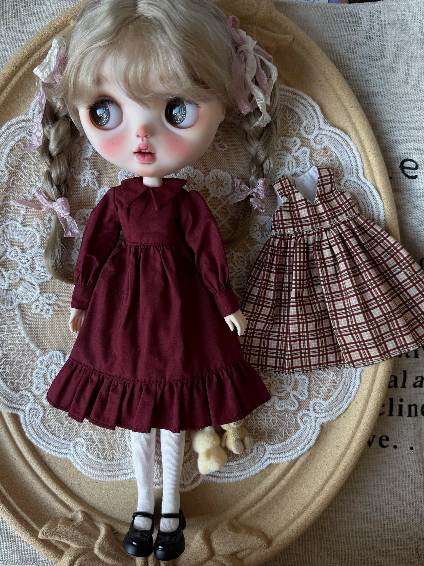 现货小布Blythe 娃衣ob24红色格子连衣裙长袖裙19关节可穿azone