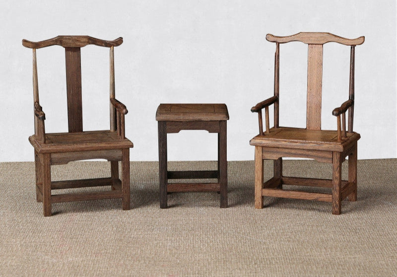 1/6 scale Chinese antique style table and chair set with one table and two chairs for dollhouse scenes.