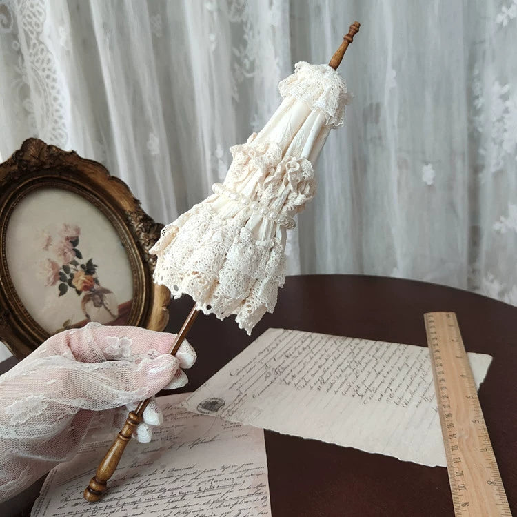 BJD Baby's Long Handle Antique Umbrella Original Homemade 1/3 Size Doll and 1/4 Size Doll with Umbrella that Can Open and Close